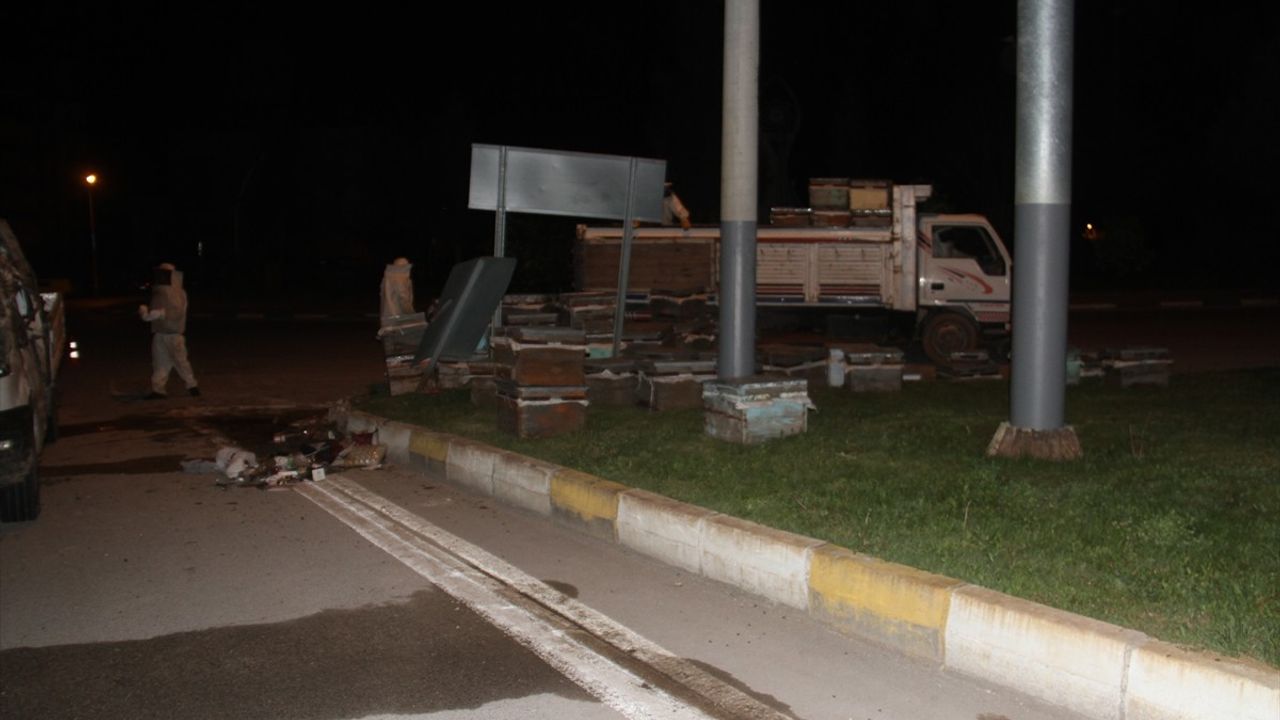 Konya'da Arı Kovanı Taşıyan Kamyonet Devrildi