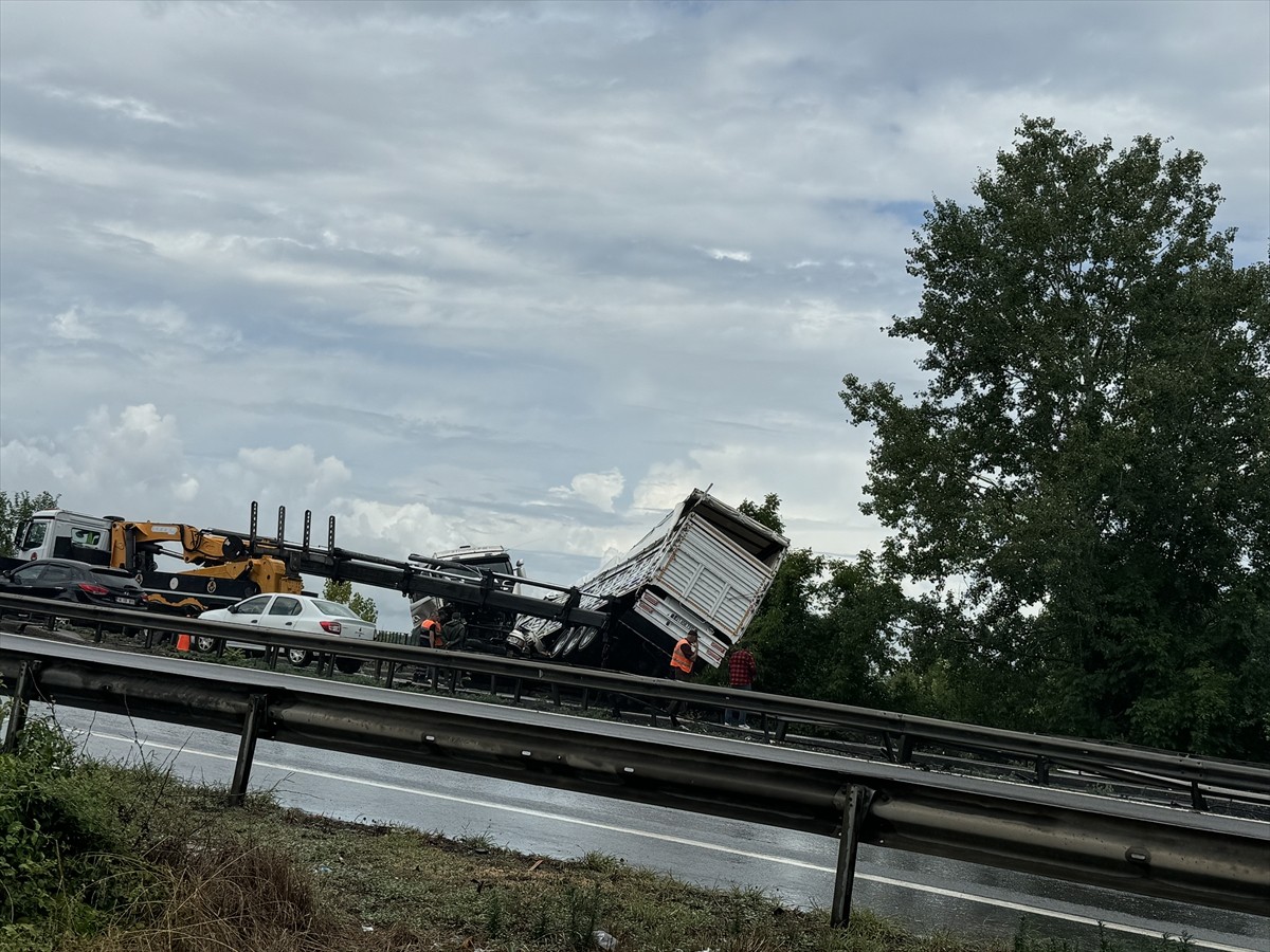 Anadolu Otoyolu'nun Sakarya geçişinde büyükbaş hayvan taşıyan tırın kaza yapması ulaşımda aksamaya...