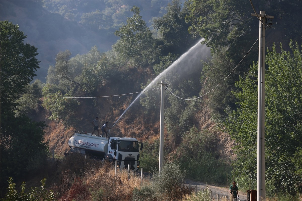Aydın'ın Efeler ilçesinde, ormanlık ve zeytinlik alanda çıkan ve kontrol altına alınan yangın...