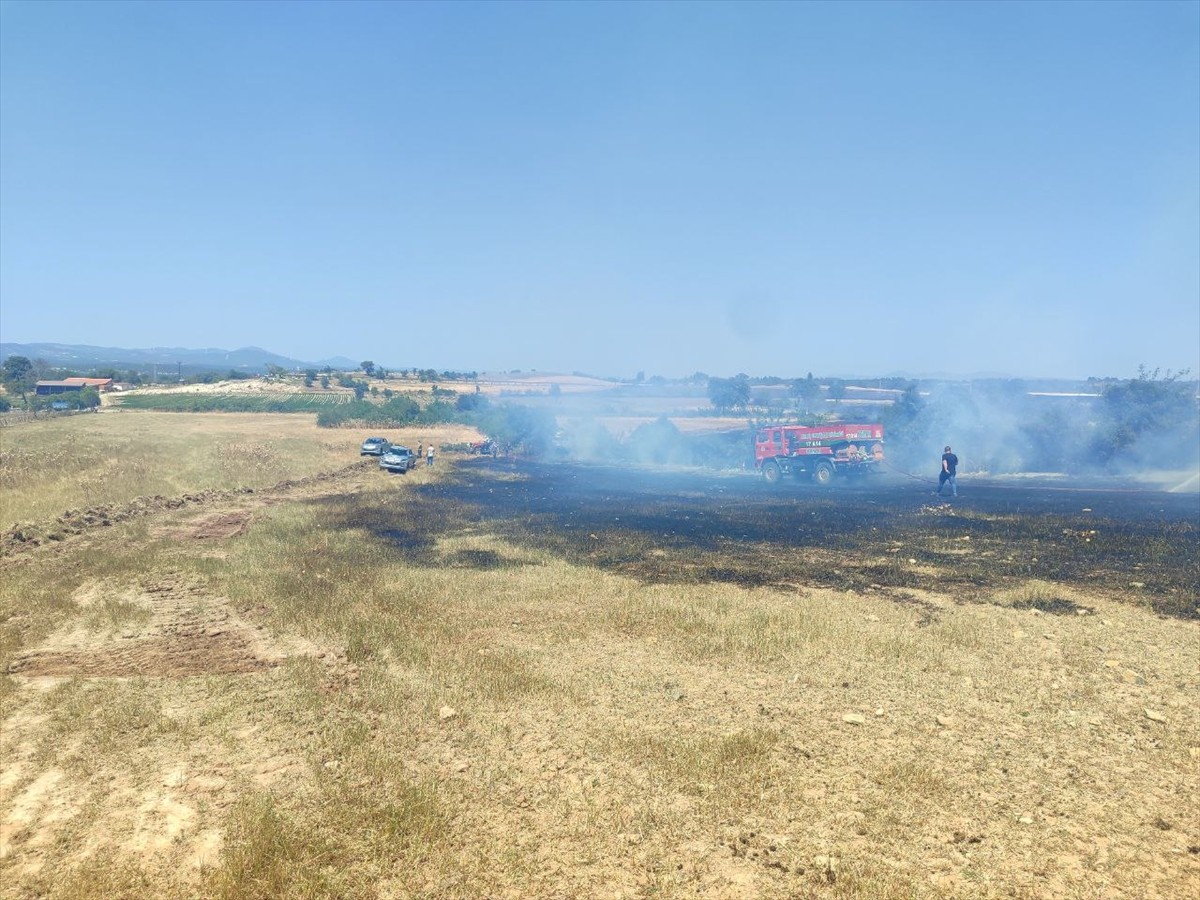 Çanakkale'nin Bayramiç ilçesinde tarım arazisinde çıkan yangına havadan ve karadan müdahale...