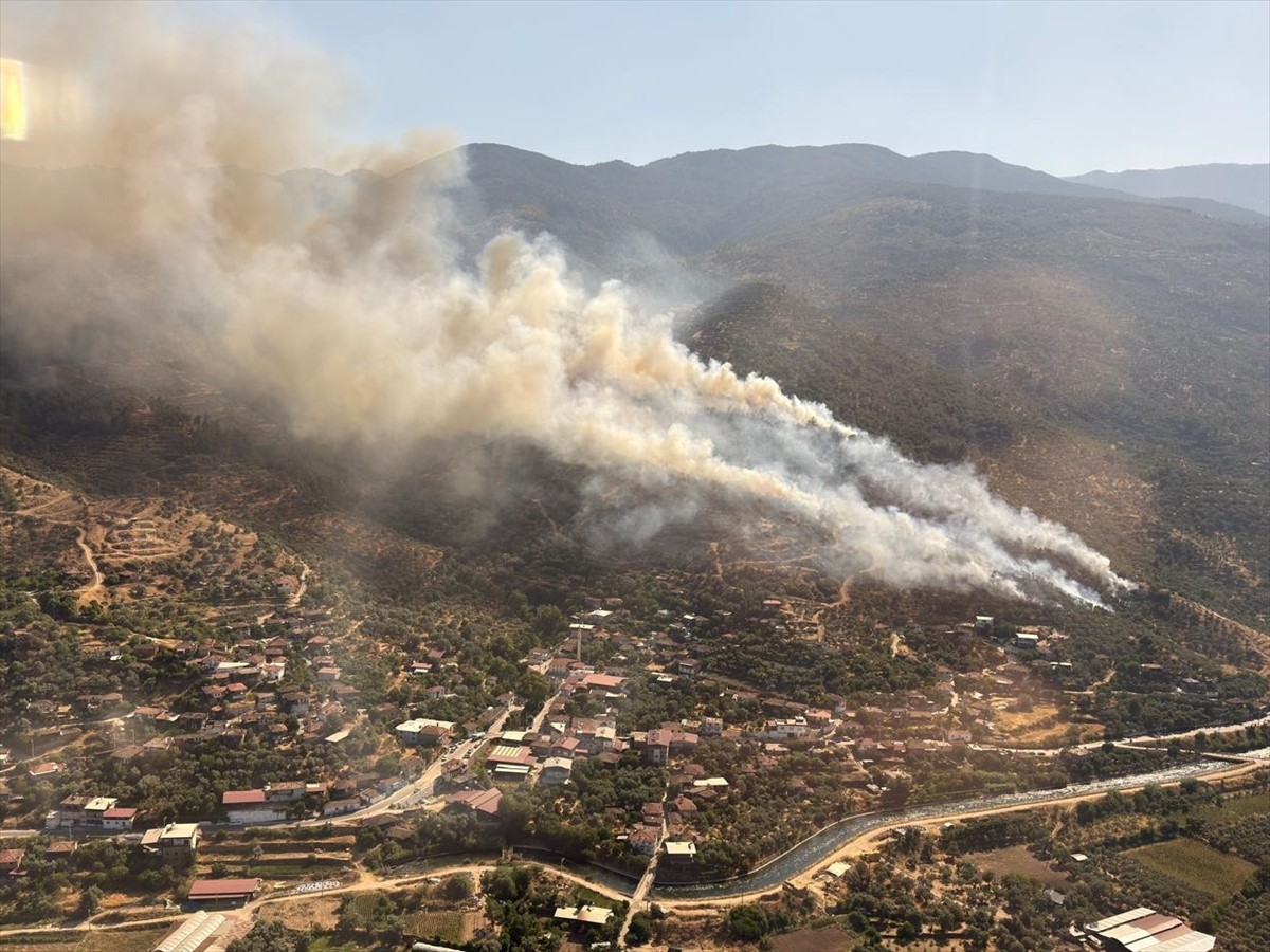 Aydın'ın Bozdoğan ilçesinde tarım alanında çıkan yangına havadan ve karadan müdahale ediliyor....