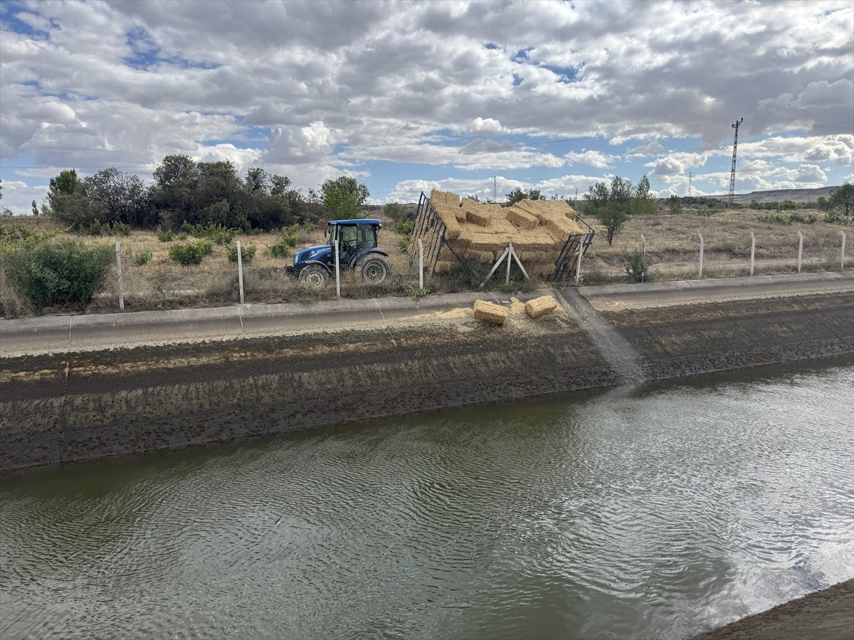 Nevşehir'in Gülşehir ilçesinde saman yüklü römorkun yan yatması sonucu sulama kanalına düşen 4...